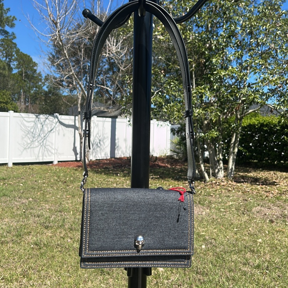 New pre-authenticated Alexander McQueen small skull denim bag with dust bag